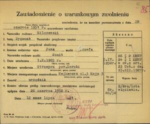Zawiadomienie z dnia 12 lipca 1951 r. informujące o warunkowym zwolnieniu Zygmunta Milczewskiego z więzienia