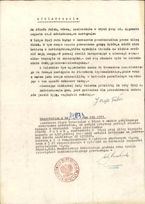 Oświadczenie Józefy Fułek z 1971 r. dotyczące okoliczności uratowania żydowskiej dziewczynki.