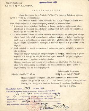 Zaświadczenie z 18 kwietnia 1947 r. dot. postawy Stefana Fułka w czasie działań wojennych w 1939 r.