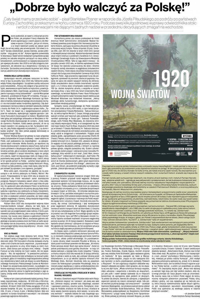 Jarosław Szarek: „Dobrze było walczyć za Polskę!”, „Rzeczpospolita” z 14 sierpnia 2020