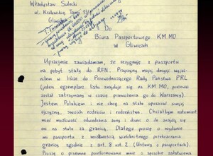 Pismo Kazimierza Suleckiego do Biura Paszportowego KM MO w Gliwicach