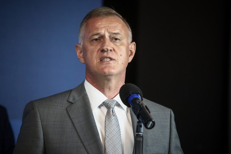 Konferencja prasowa prezesa IPN dr. Karola Nawrockiego i dyrektora GKŚZpNP, zastępcy prokuratora generalnego Andrzeja Pozorskiego (na zdj.) – Warszawa, 13 czerwca 2023. Fot. Sławek Kasper (IPN)