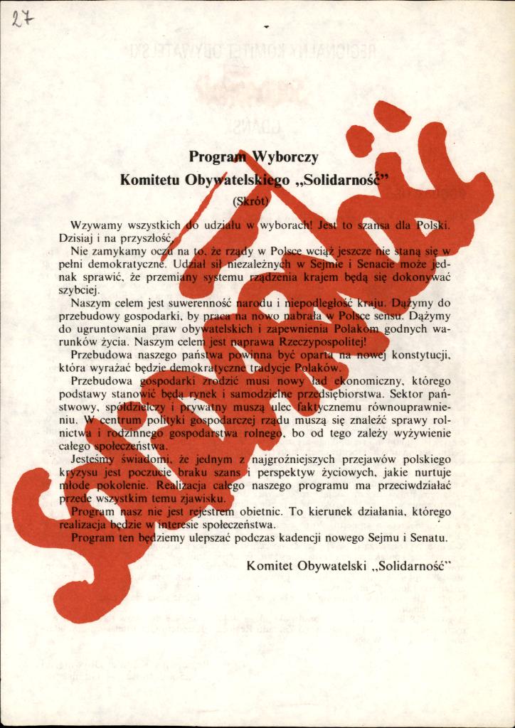 Skrót programu wyborczego Komitetu Obywatelskiego „Solidarność”, dar prywatny: Jan Semenowicz.