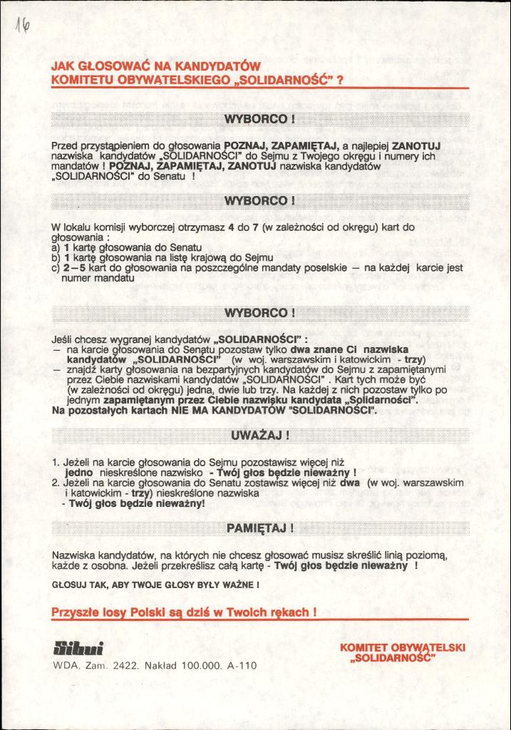 Fragment broszury przygotowanej przez Komitet Obywatelski „Solidarność” zwierający wskazówki, jak oddać głos na kandydata „Solidarności”, dar prywatny: Edward Müller.