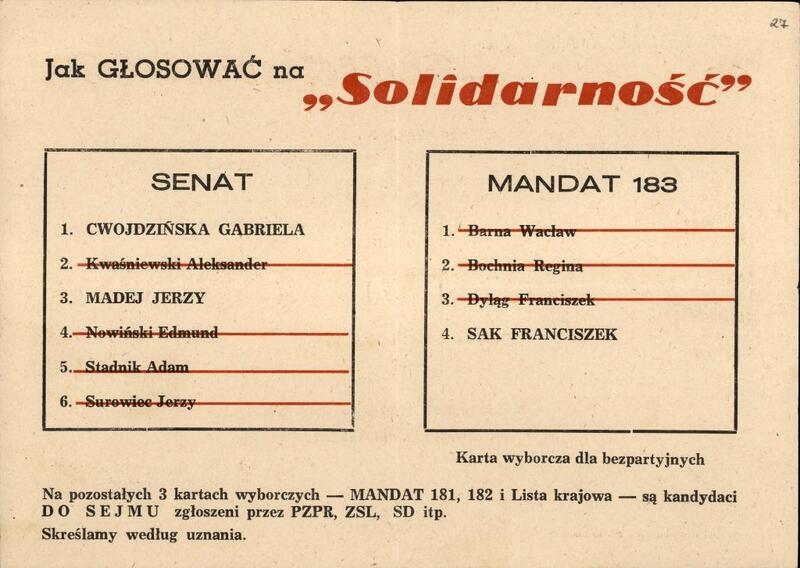 Ulotka zwierająca wskazówkę, jak oddać głos na kandydata „Solidarności”, dar prywatny: Edward Müller.