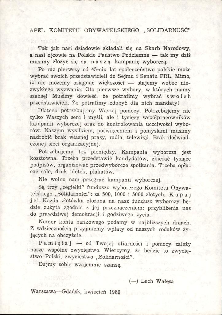 Apel Komitetu Obywatelskiego „Solidarność” z kwietnia 1989 r., dar prywatny: Piotr Szubarczyk.