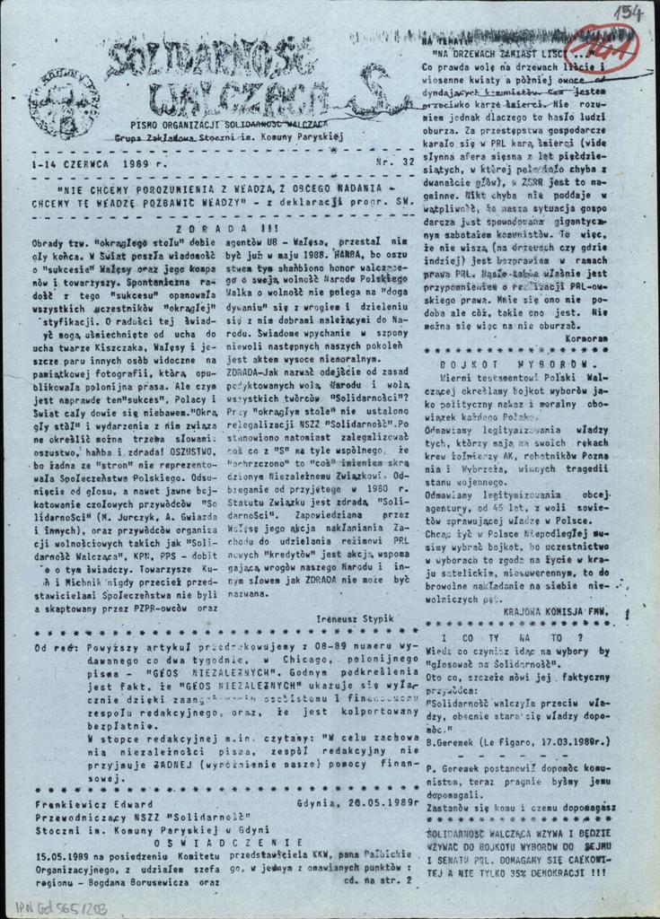 Strona z czasopisma pt. „Solidarność Walcząca” z wezwaniem do bojkotu wyborów do Sejmu i Senatu w 1989 r., teczka z planami organizacyjnymi WUSW w Gdańsku.