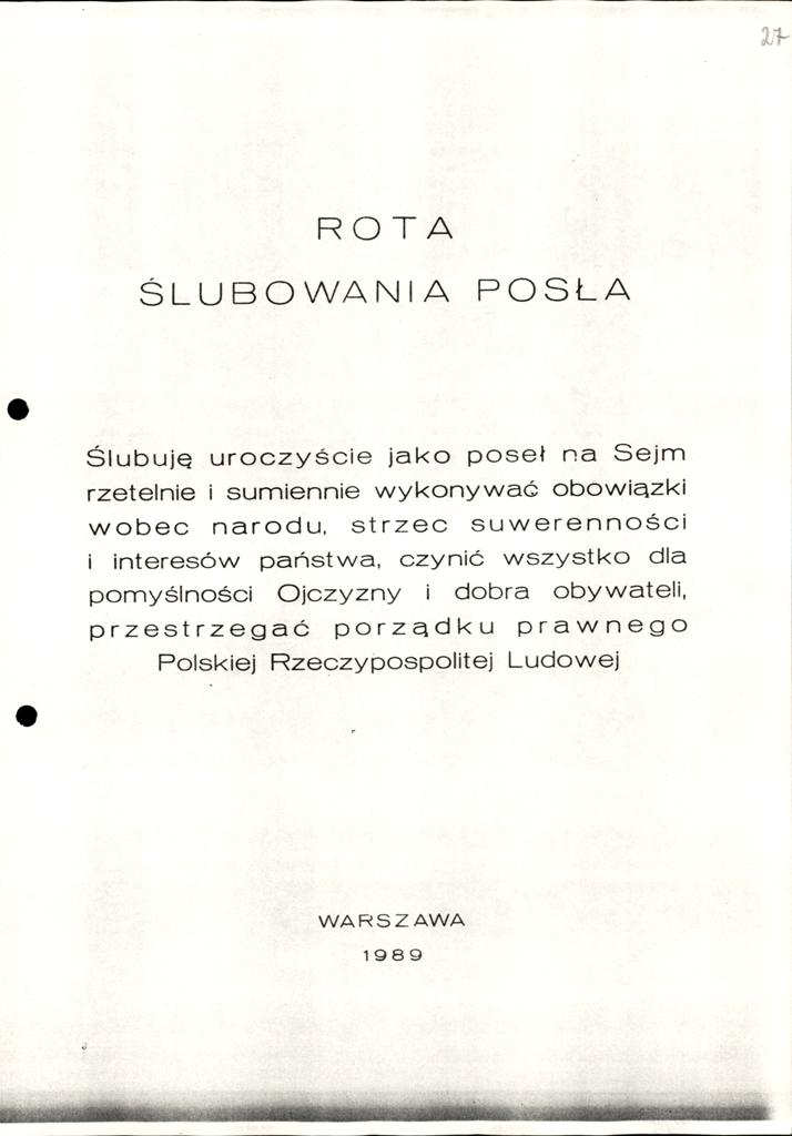 Rota ślubowania Posła na Sejm PRL w 1989 r., dar prywatny: Edward Müller.