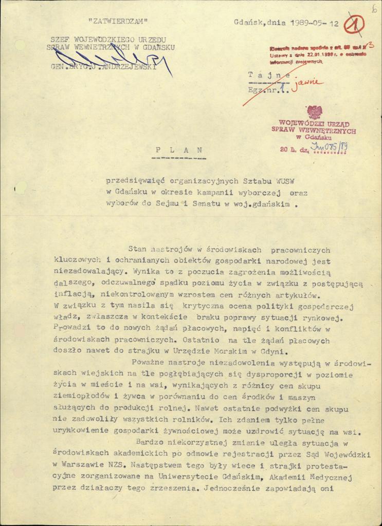 Plan przedsięwzięć organizacyjnych Sztabu WUSW w Gdańsku w okresie kampanii wyborczej oraz wyborów do Sejmu i Senatu w 1989 r., teczka z planami organizacyjnymi WUSW w Gdańsku.