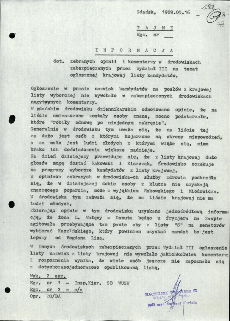 Informacja dotycząca zebranych opinii i komentarzy w środowiskach zabezpieczonych przez Wydział III na temat ogłoszonej krajowej listy kandydatów, akta sprawy obiektowej krypt. „Duet” prowadzonej przez WUSW w Gdańsku.