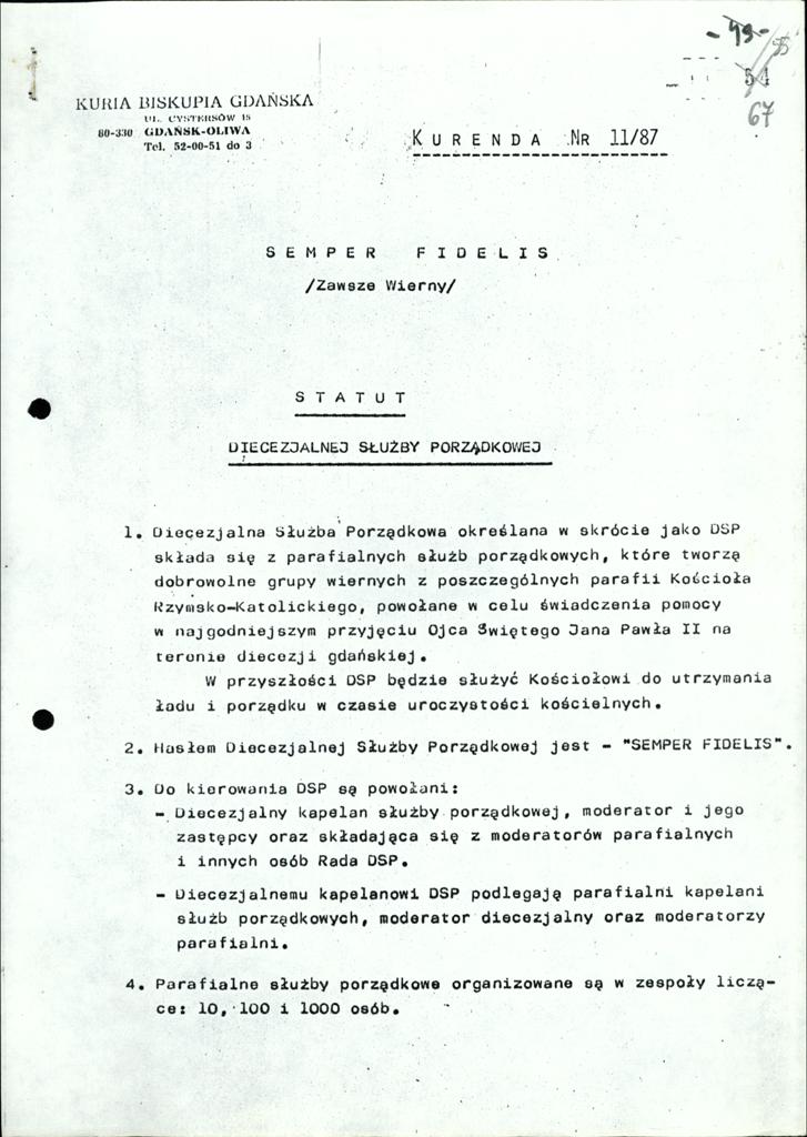 Kopia pierwszej strony Statutu Diecezjalnej Służby Porządkowej „Semper Fidelis”, akta sprawy obiektowej „Zorza II”, WUSW w Gdańsku.