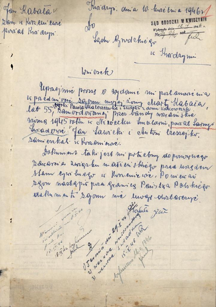 Wniosek z 10 kwietnia 1946 r., dotyczący uznania za zmarłą Marty Kabały zamordowanej przez nacjonalistów ukraińskich na terenie powiatu sarneńskiego na Wołyniu, akta Sądu Grodzkiego w Kwidzynie.