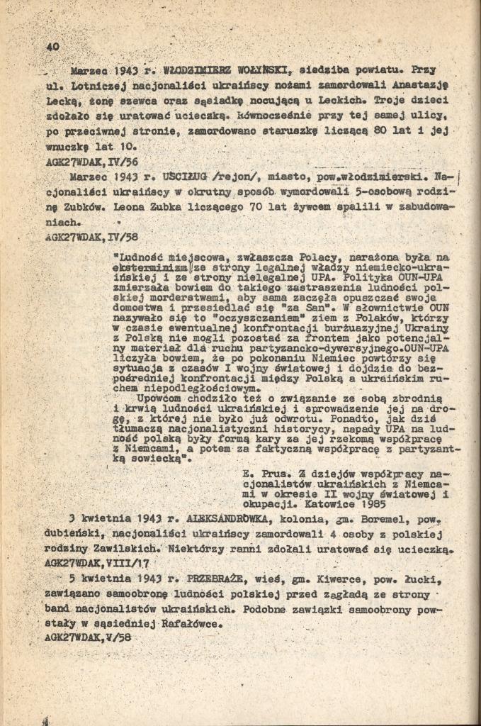 Strona nr 40 wymienionej wyżej publikacji zawierająca m.in. informację o utworzeniu ośrodka samoobrony polskiej w Przebrażu i Rafałówce, dar prywatny: Piotr Szczudłowski.