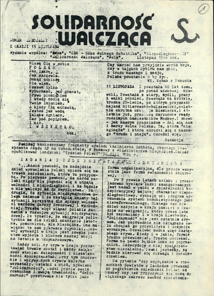19.	Solidarność Walcząca, numer specjalny z listopada 1986 r. wydany z okazji rocznicy odzyskania niepodległości, akta WUSW w Gdańsku.