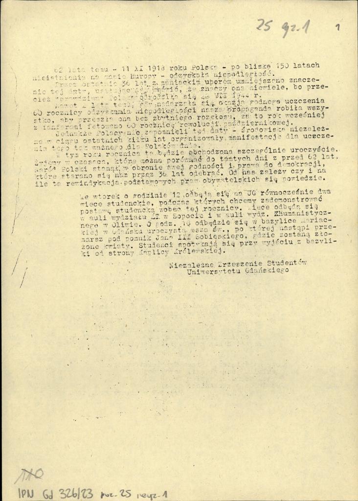 20.	Komunikat Niezależnego Zrzeszenia Studentów Uniwersytetu Gdańskiego o organizacji wiecu z okazji 62 rocznicy odzyskania przez Polskę niepodległości, kolekcja: Janusz Tołłoczko.