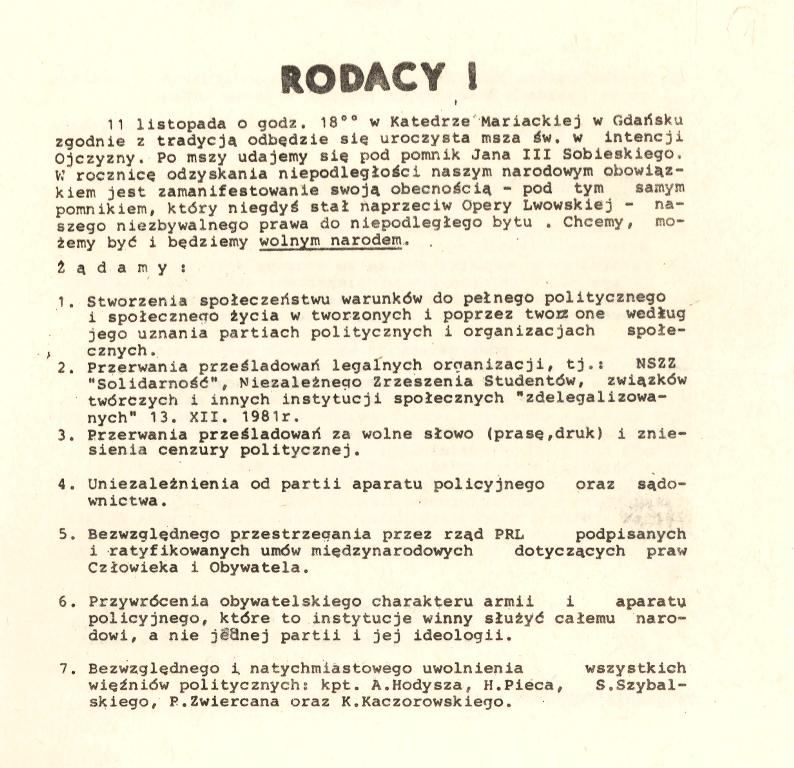 21.	Ulotka Federacji Młodzieży Walczącej w Gdańsku, Niezależnego Zrzeszenia Studentów w Gdańsku i szefa Solidarności Walczącej Stoczni im. Komuny Paryskiej w Gdyni informująca o mszy św. w Kościele Mariackim w Gdańsku z okazji Święta 11 Listopada. Pochodzi prawdopodobnie z 1987 r., kolekcja: Edward Müller i Marta Müller.