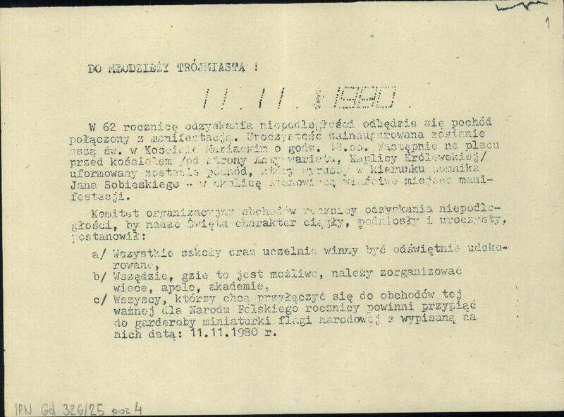 23.	Odezwa Niezależnego Zrzeszenia Studentów Politechniki Gdańskiej „Do Młodzieży Trójmiasta” z 1980 r. zachęcająca do udziału w manifestacji z okazji święta 11 listopada, kolekcja: Janusz Tołłoczko.
