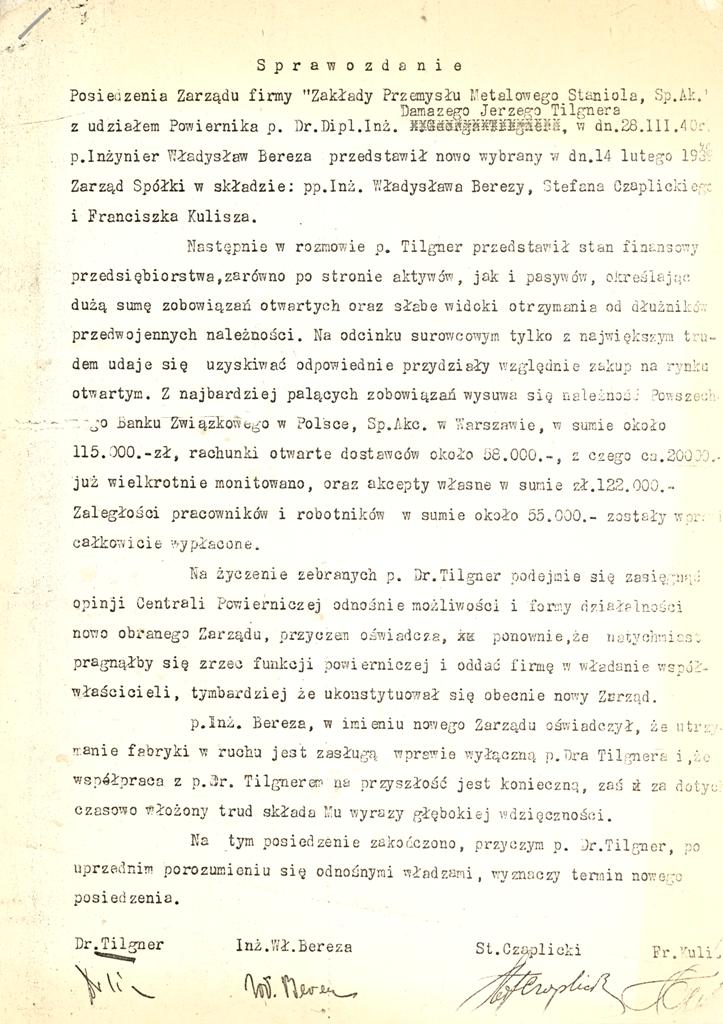 Sprawozdanie z posiedzenia zarządu firmy Zakłady Przemysłu Metalowego „Staniola” z 28.03.1940 r.