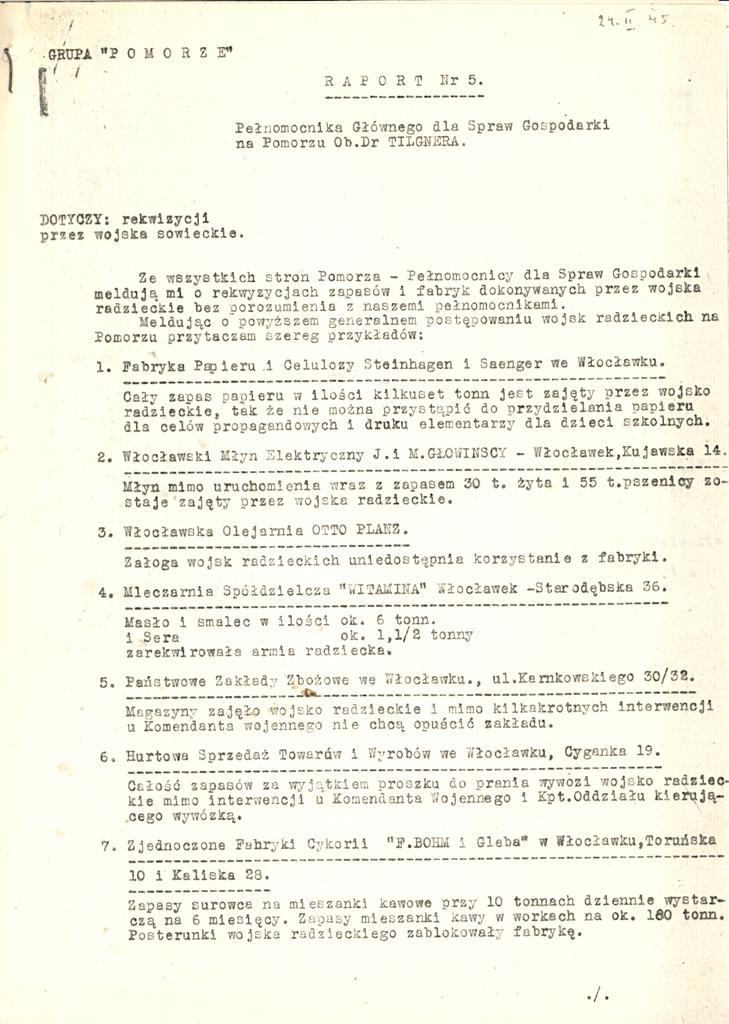 Raport nr 5 Pełnomocnika Głównego dla spraw Gospodarki na Pomorzu z 24.02.1945 r.