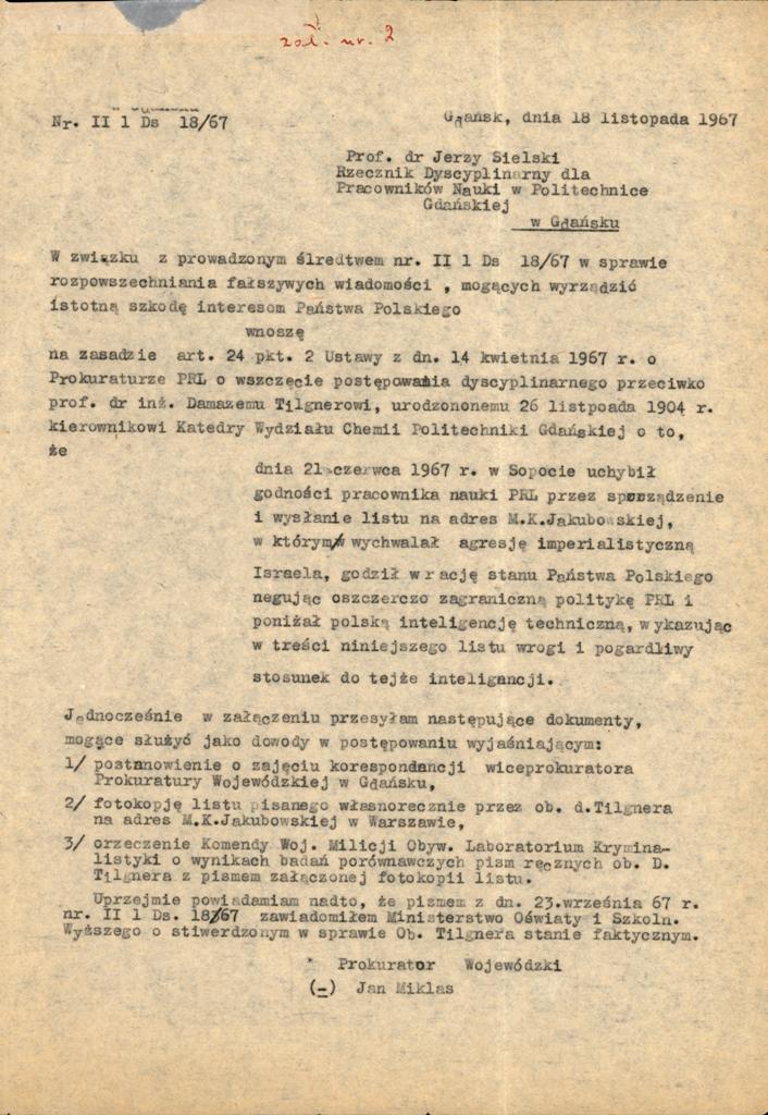 Pismo Prokuratora Wojewódzkiego w Gdańsku do Rzecznika Dyscyplinarnego Pracowników Nauki Politechniki Gdańskiej z 18.11.1967 r.