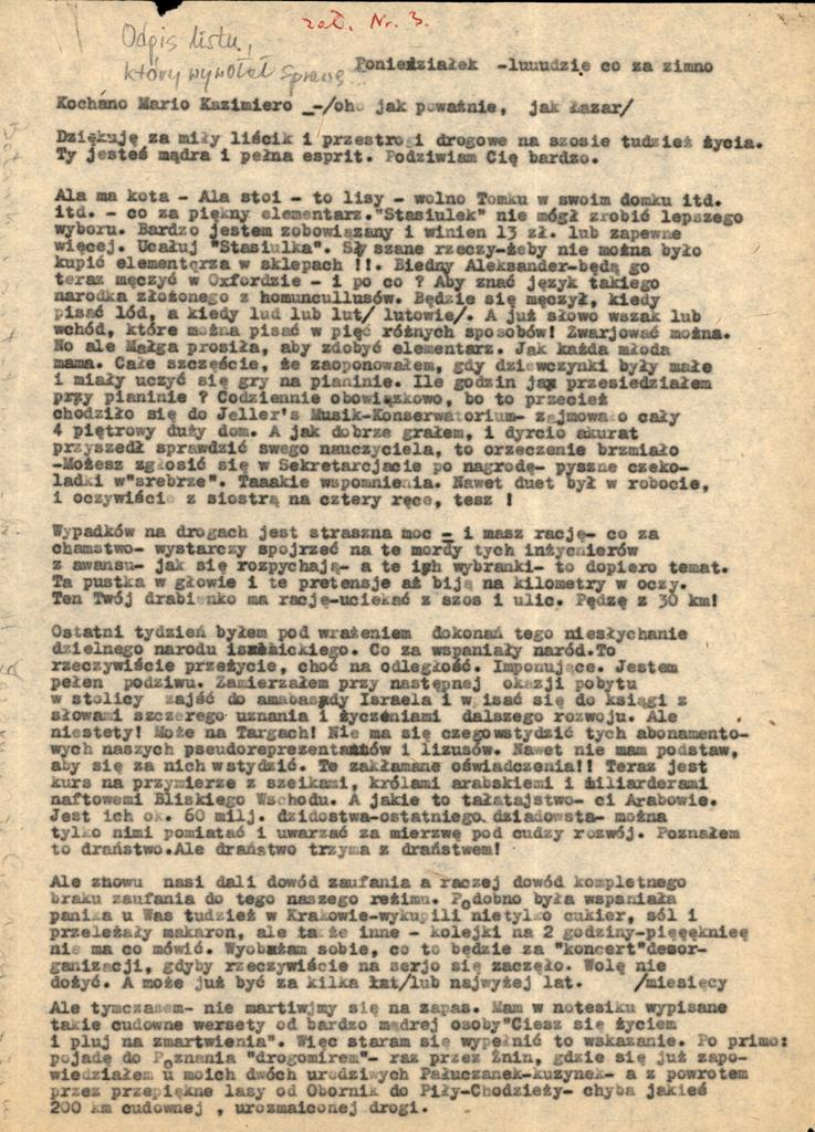 Odpis pierwszej strony listu D. Tilgnera, który stał się pretekstem do wszczęcia postępowania dyscyplinarnego.