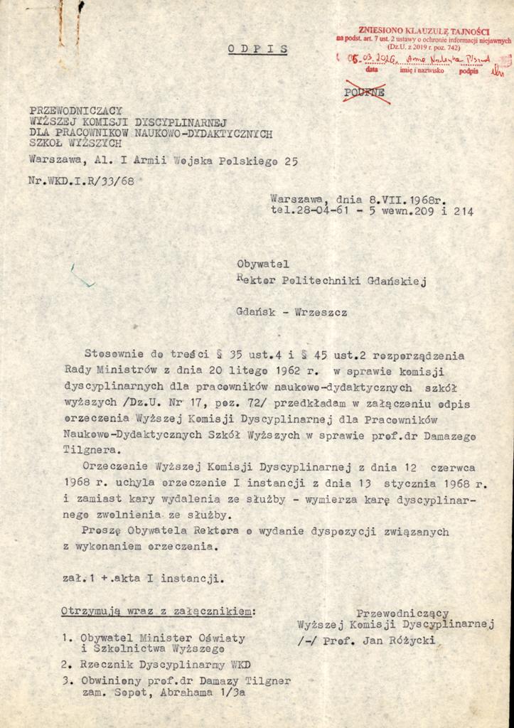 Pismo przewodniczącego Wyższej Komisji Dyscyplinarnej dla Pracowników Naukowo-Dydaktycznych Szkół Wyższych do rektora Politechniki Gdańskiej z 8.07.1968 r.