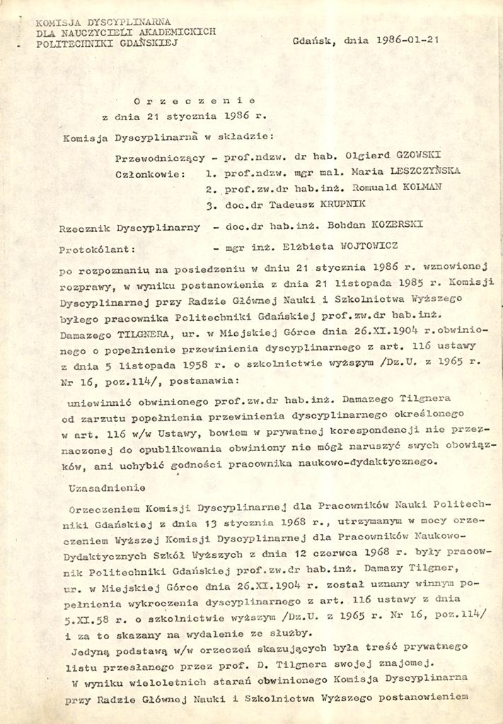 Orzeczenie Komisji Dyscyplinarnej dla Nauczycieli Akademickich Politechniki Gdańskiej uniewinniające prof. D. Tilgnera z 21.01.1986 r.