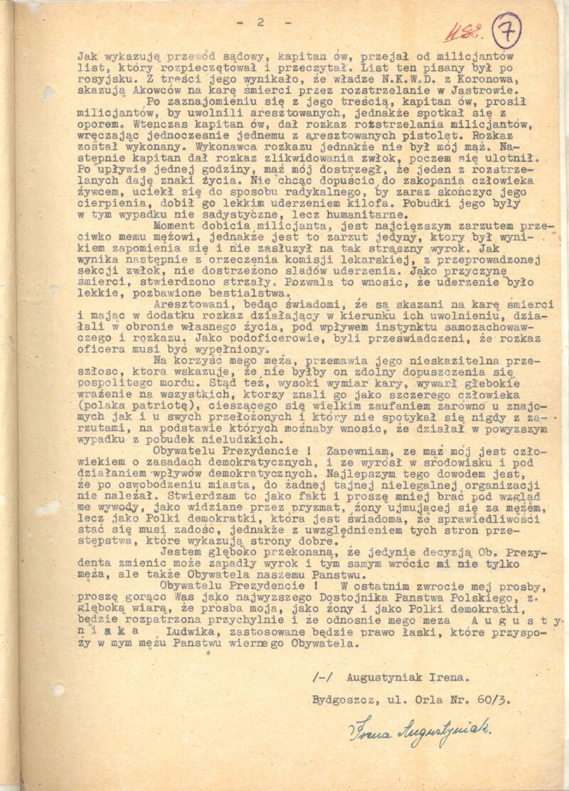 Prośba żony o ułaskawienie Ludwika Augustyniaka