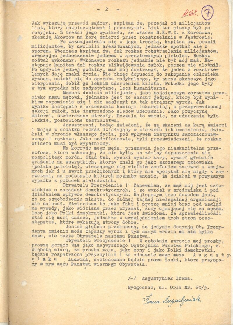 Prośba żony o ułaskawienie Ludwika Augustyniaka