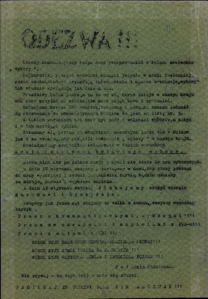 Odezwa jednej z organizacji niepodległościowych dot. wyborów do Sejmu Ustawodawczego w 1947 r.