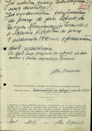 Oświadczenie Albina Kudzianowskiego o przynależności do AK i WiN z dnia 23 kwietnia 1947 r.