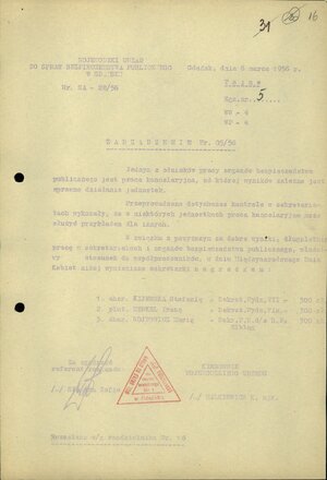 Zarządzenie nr 05/56 kierownika WUds.BP w Gdańsku z dnia 6 marca 1956 r. w sprawie nagród dla funkcjonariuszek z okazji Międzynarodowego Dnia Kobiet