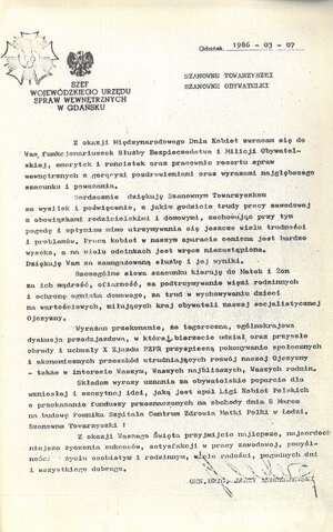 List szefa WUSW w Gdańsku z dnia 7 marca 1986 r. z życzeniami dla funkcjonariuszek i pracownic resortu spraw wewnętrznych