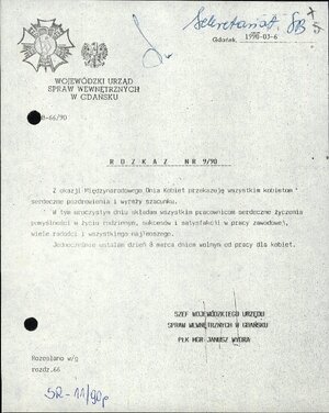 Rozkaz nr 9/90 szefa WUSW w Gdańsku z dnia 6 marca 1990 r. z życzeniami dla funkcjonariuszek i ustanowieniem dnia wolnego od pracy dla kobiet