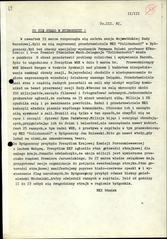 Bydgoski Marzec 1981 w dokumentach Archiwum IPN Gdańsk