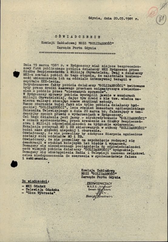 Bydgoski Marzec 1981 w dokumentach Archiwum IPN Gdańsk