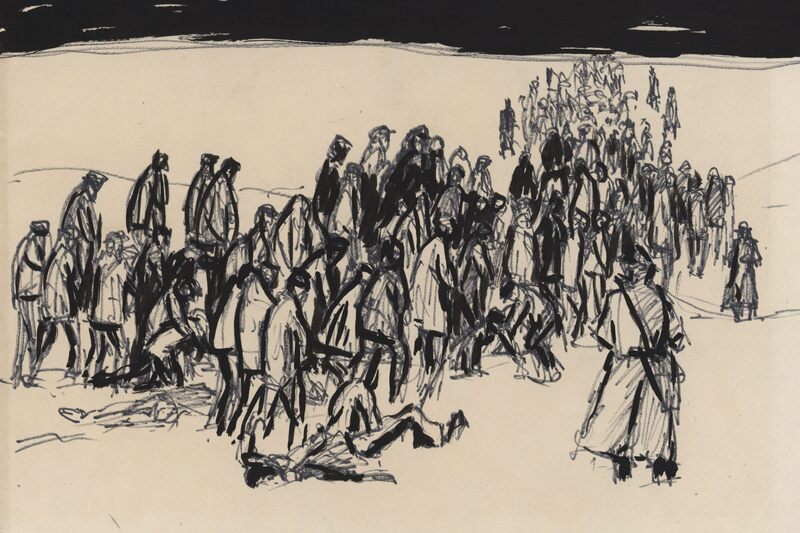 "W marszu", rysunek Józefa Łapińskiego więźnia politycznego KL Stutthof i uczestnika ewakuacji AMS. Fot. Archiwum Muzeum Stutthof