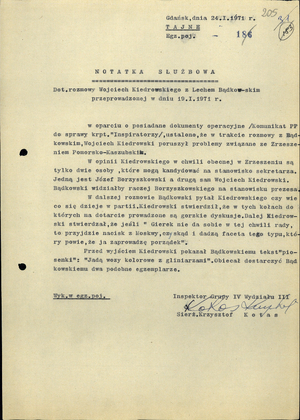 Notatka służbowa dot. rozmowy Wojciecha Kiedrowskiego przeprowadzonej z Lechem Bądkowskim w dniu 19 stycznia 1971 r.