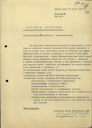 Notatka służbowa z dnia 15 marca 1971 r. dot. sprawy związanej z usunięciem Wojciecha Kiedrowskiego i Lecha Bądkowskiego z szeregów Zrzeszenia Kaszubsko-Pomorskiego