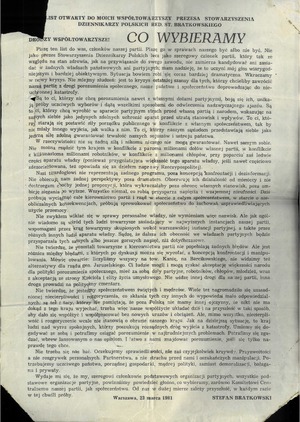 Afisz z tekstem listu otwartego prezesa Stowarzyszenia Dziennikarzy Polskich Stefana Bratkowskiego „Co wybieramy” z dnia 23 marca 1981 r.