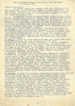 List Stefana Bratkowskiego do członków Komitetu Centralnego PZPR zebranych na V Plenum w 1981 r.
