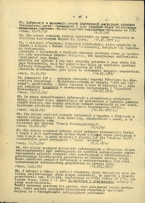 Fragment zapisów cenzorskich opublikowany przez podziemne wydawnictwo „Alternatywy” w 1980 r.