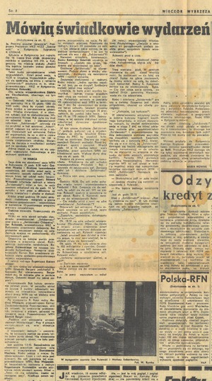 Artykuł zamieszczony w „Wieczorze Wybrzeża” opisujący wydarzenia w Bydgoszczy w marcu 1981 r. z widoczną ingerencją cenzury