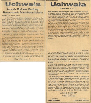 Uchwała Zarządu Oddziału Morskiego Stowarzyszenia Dziennikarzy Polskich z dnia 25 marca 1981 r. zamieszczona w „Głosie Wybrzeża” z widoczną ingerencją cenzury