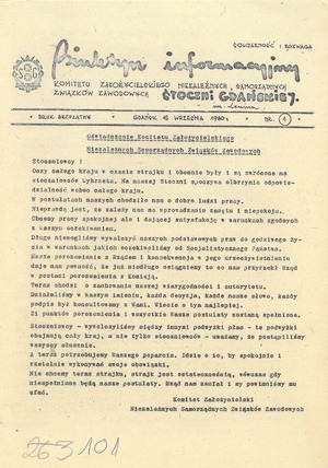 Biuletyn Informacyjny Komitetu Założycielskiego NSZZ Stoczni Gdańskiej im. Lenina, nr 1 z dnia 16 września 1980 r.