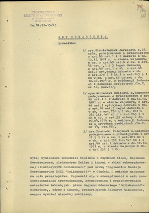 Akt oskarżenia przeciwko Stanisławowi Jaroszowi, Marianowi Świtkowi i Romanowi Polcynowi z dnia 12 lipca 1983 r.
