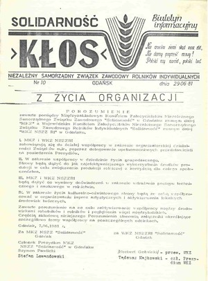 Kłos. Biuletyn informacyjny Niezależnego Samorządnego Związku Zawodowego Rolników Indywidualnych w Gdańsku, nr 10 z dnia 29 czerwca 1981 r.