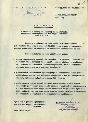 Wniosek naczelnika Wydziału III”A” KWMO w Elblągu z dnia 21 stycznia 1981 r. o wszczęcie sprawy obiektowej dot. „Solidarności Wiejskiej”