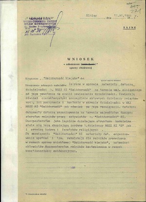 Wniosek naczelnika Wydziału VI WUSW w Elblągu z dnia 17 czerwca 1985 r. o zakończenie sprawy obiektowej dot. NSZZ RI „Solidarność”
