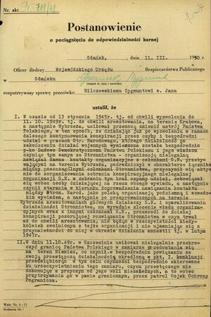 Postanowienie o pociągnięciu Zygmunta Milczewskiego do odpowiedzialności karnej z dnia 11 marca 1950 r.